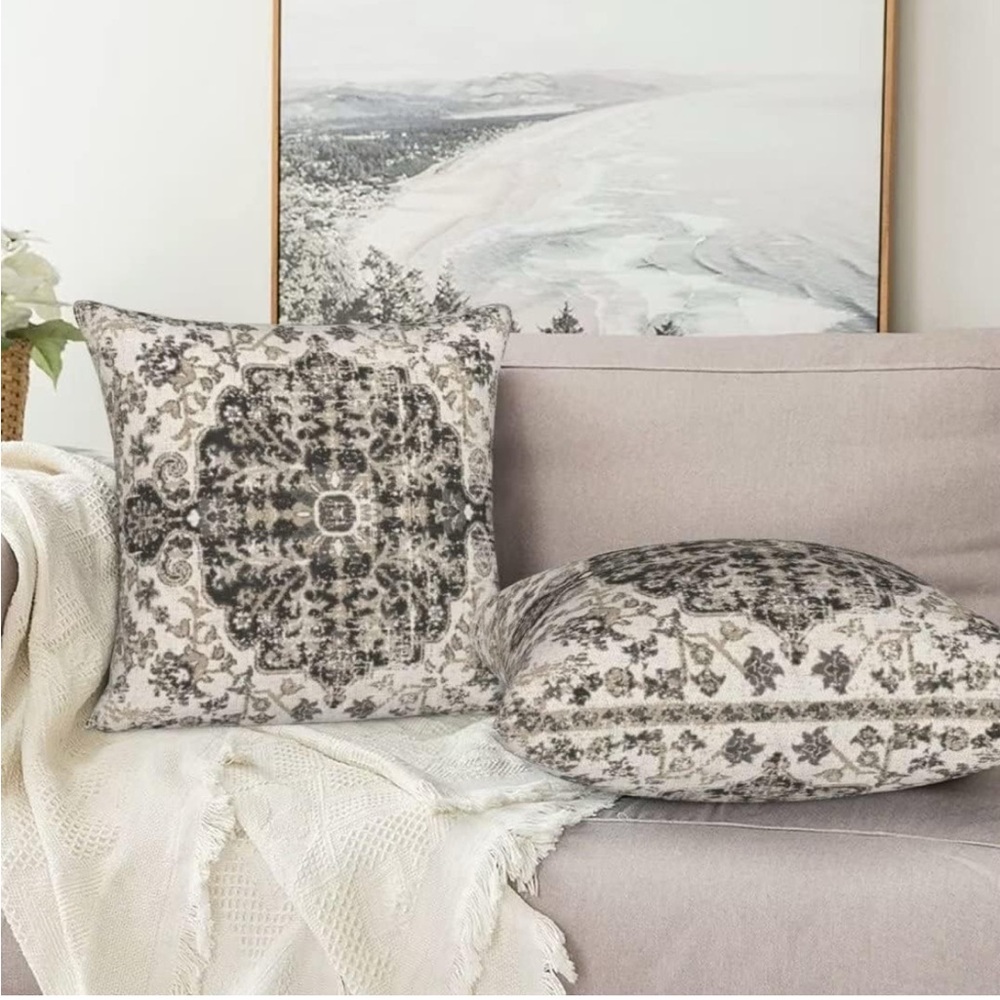 Boho Throw Pillow Covers 18x18 Set of 2, Black Brown & Cream Carpet Pattern Pill